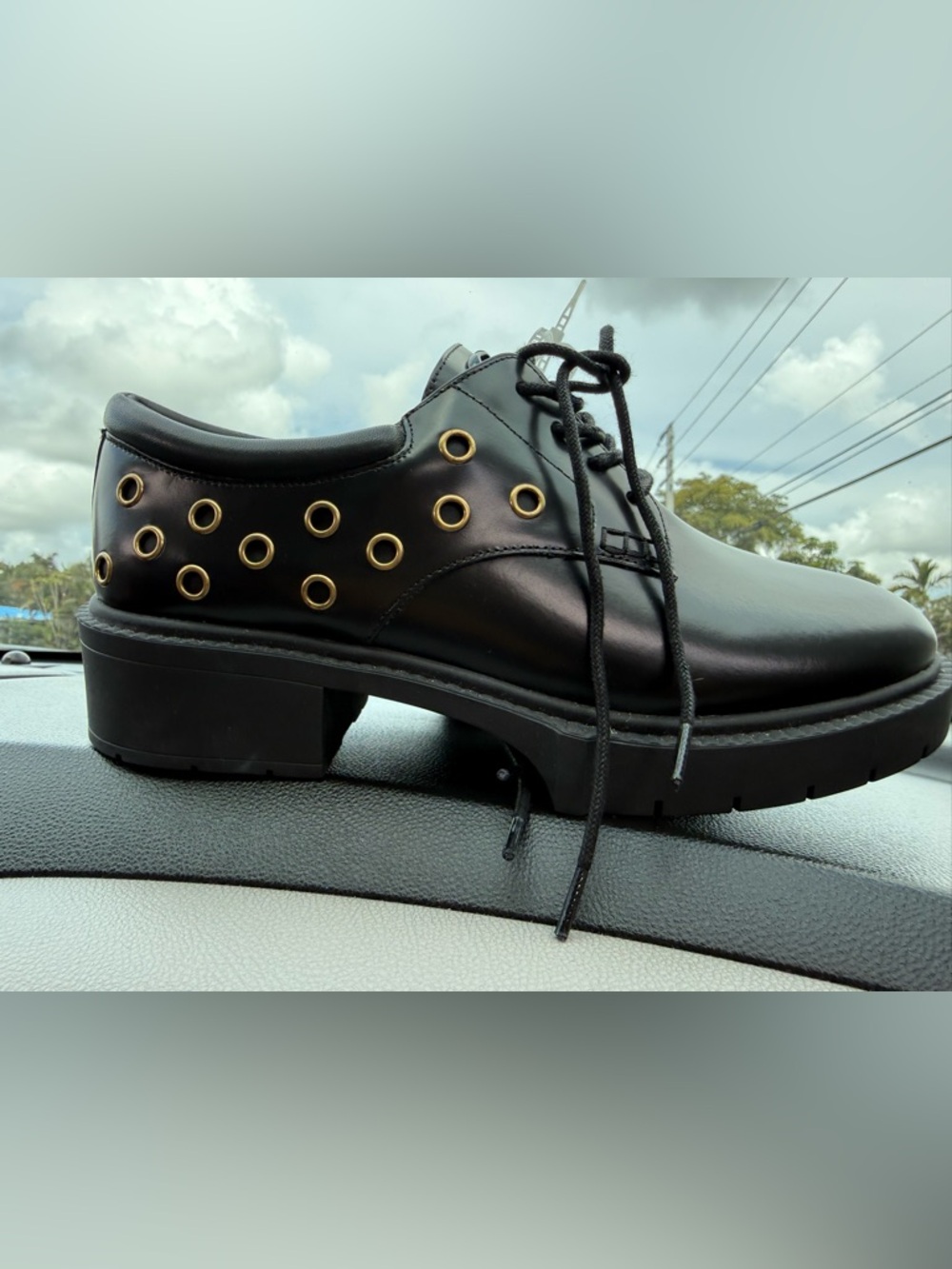 Coach Black Leather Derby with Gold Eyelet Accents